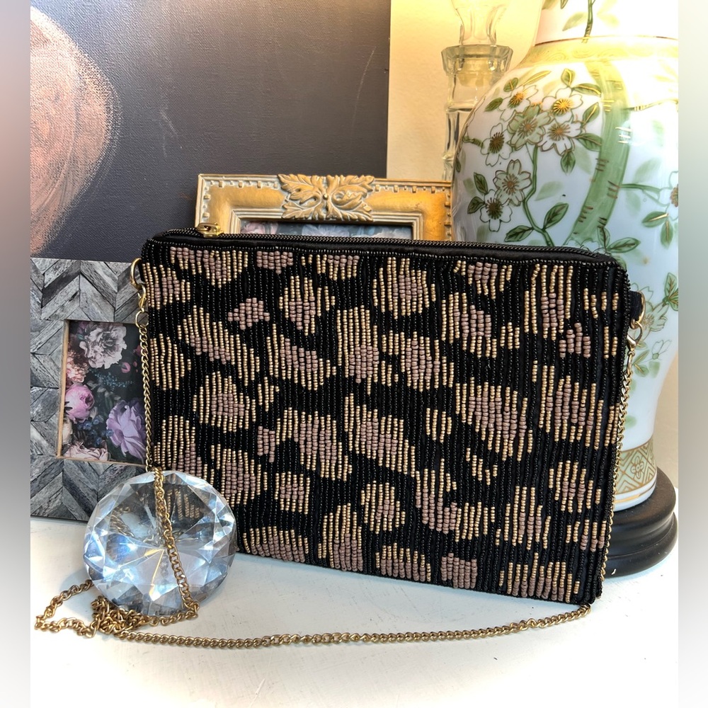 Kay Lee New York Animal Print Beaded Evening Handbag with Chain Strap
